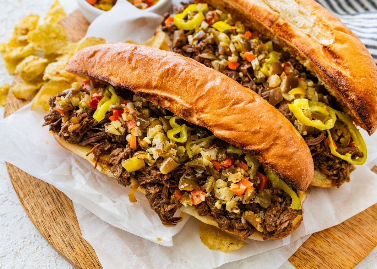 Italian beef recipe made into sandwiches on toasted buns with cheese.