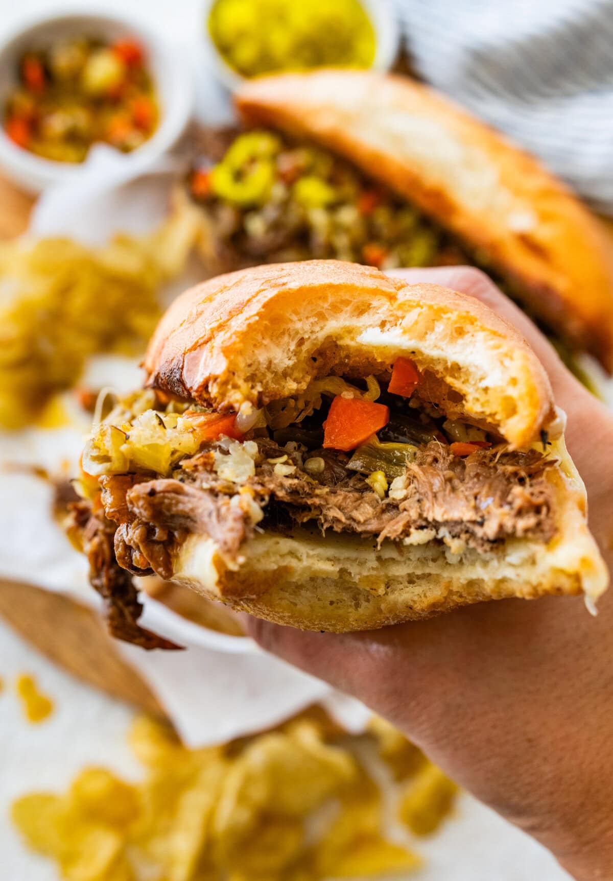 a bite taken out of the Italian beef sandwich.