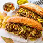 Italian beef recipe made into sandwiches on toasted buns with cheese.