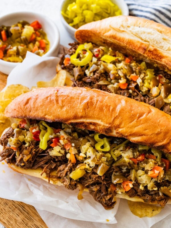 Italian beef recipe made into sandwiches on toasted buns with cheese.