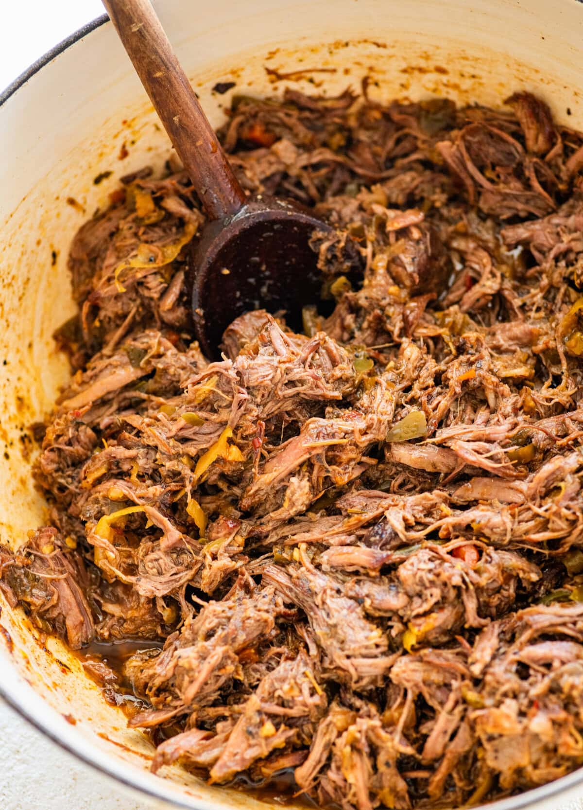 shredded Italian beef in a pot.