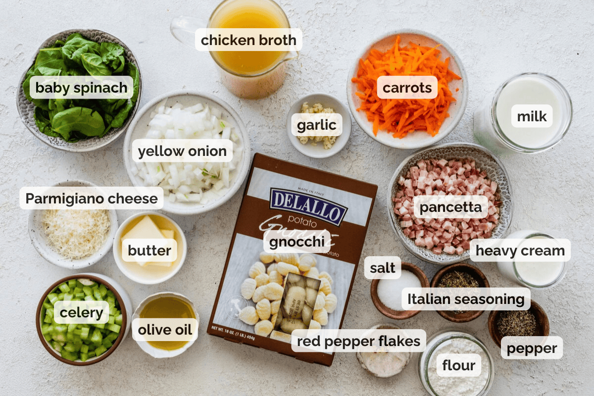 Recipe ingredients for creamy gnocchi soup recipe.