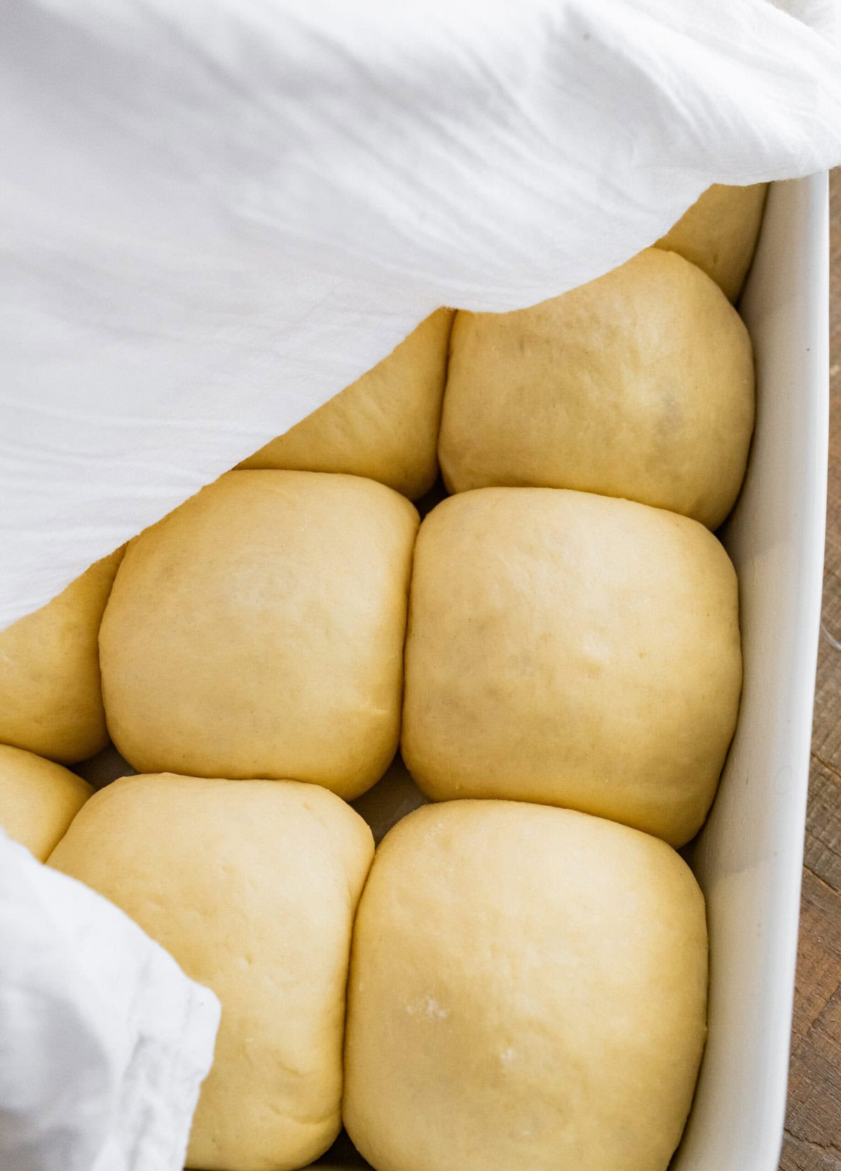 12 easy homemade dinner rolls in a baking dish after rising for second time.