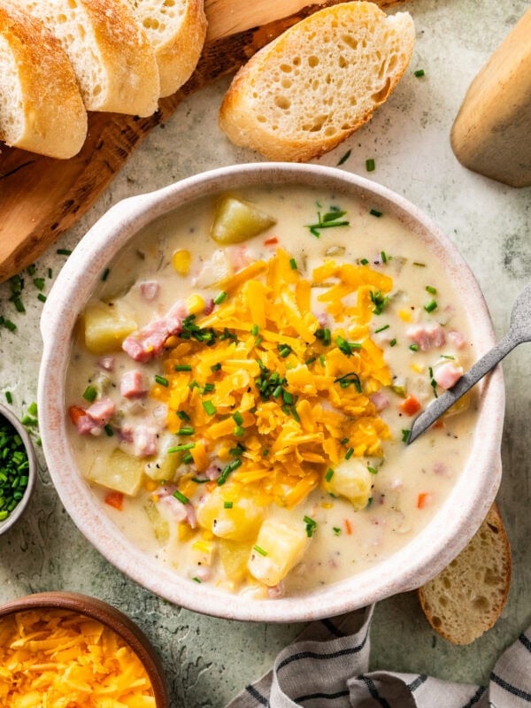 ham and potato soup in a soup bowl with cheese and chives on top. Spoon in bowl.