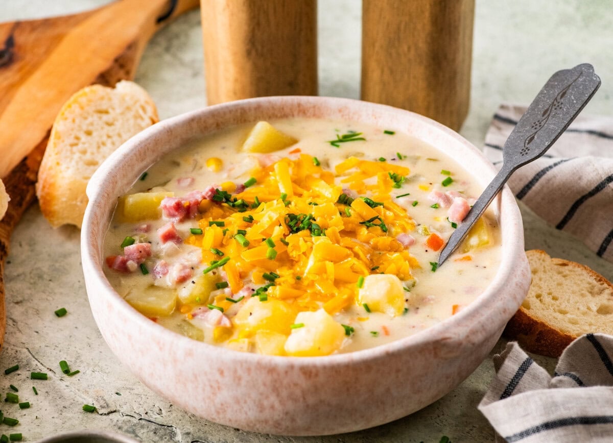 ham and potato soup in a soup bowl with cheese and chives on top. Spoon in bowl.
