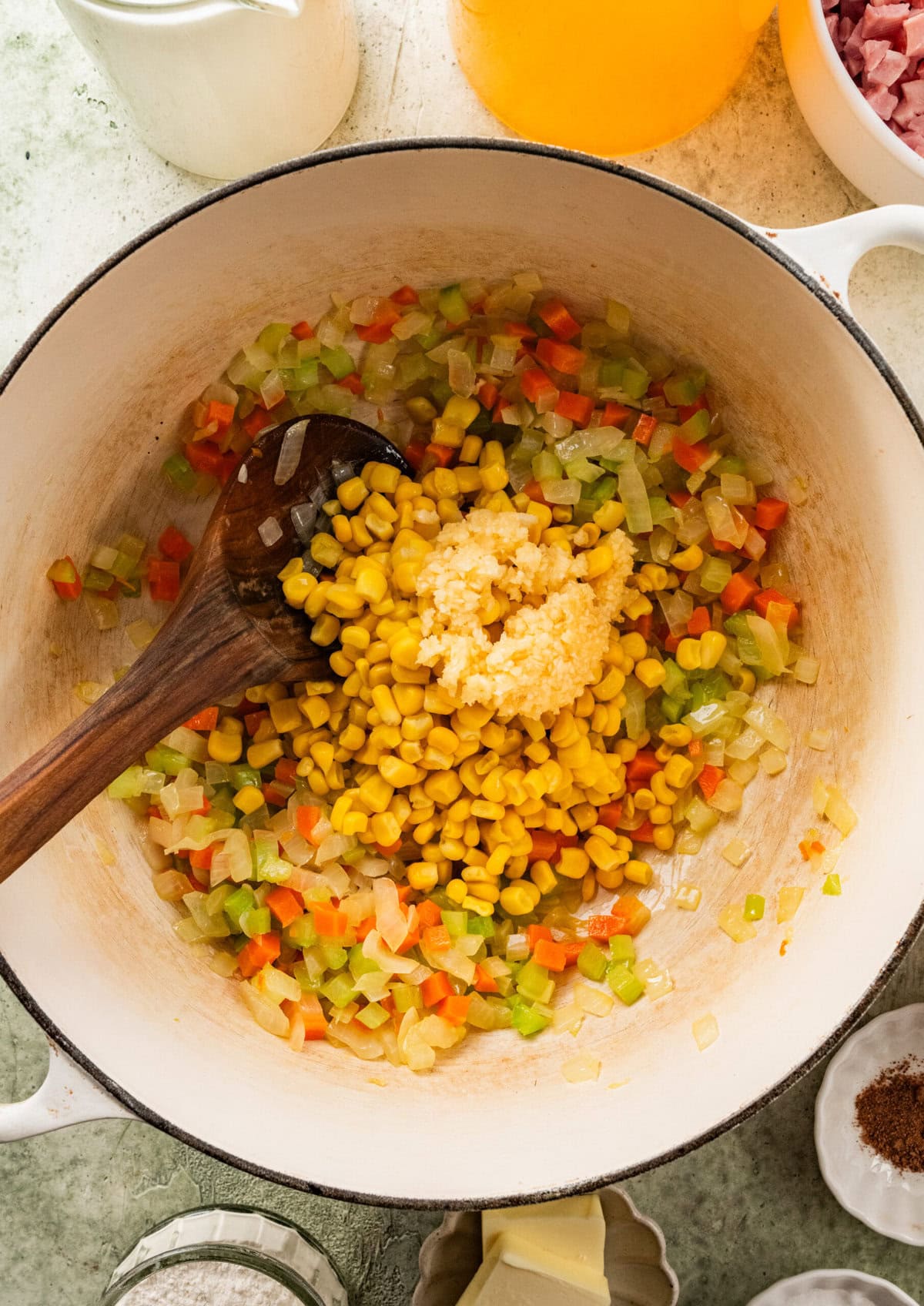 veggies in pot cooking for soup recipe.