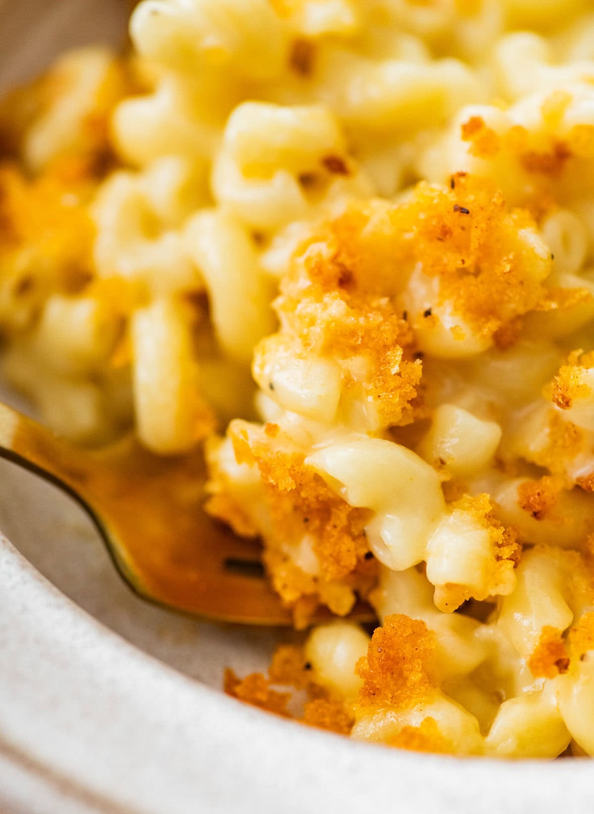 creamy cheesy baked mac and cheese in a white bowl with a fork.