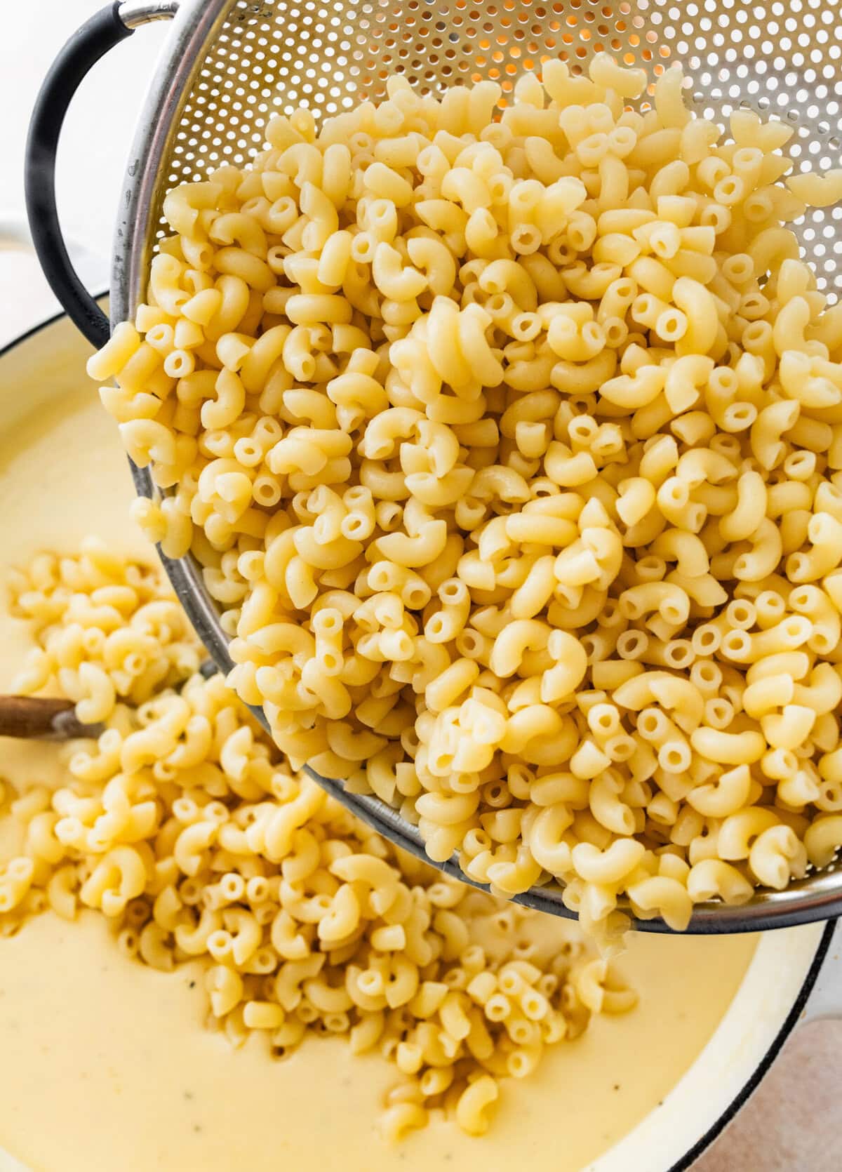 cooked pasta in the pan for the homemade mac and cheese.