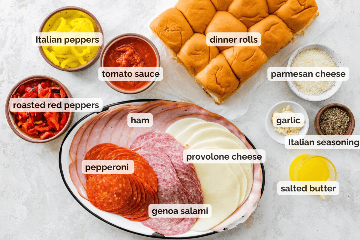 Recipe ingredients for hot Italian sliders recipe.