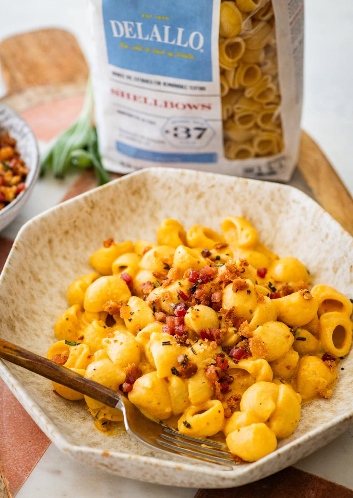 Bowl with creamy pasta sauce and crispy topping in a bowl with a spoon.