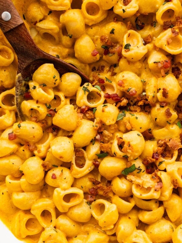 Bowl with creamy pasta sauce and crispy topping in a bowl with a spoon.