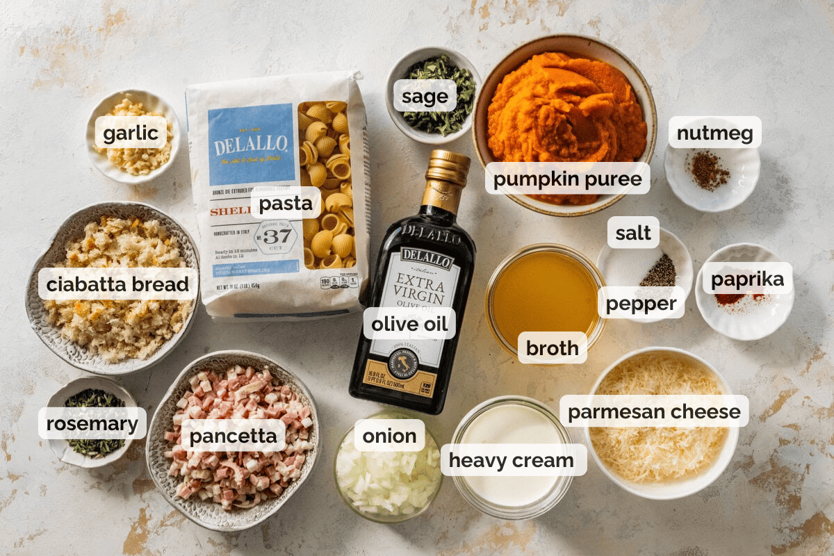 Recipe ingredients for pumpkin pasta sauce recipe.