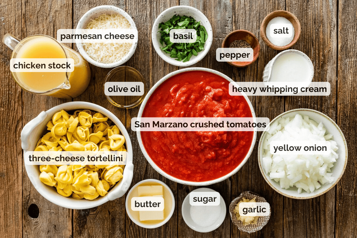 Recipe ingredients for tomato tortellini soup recipe.