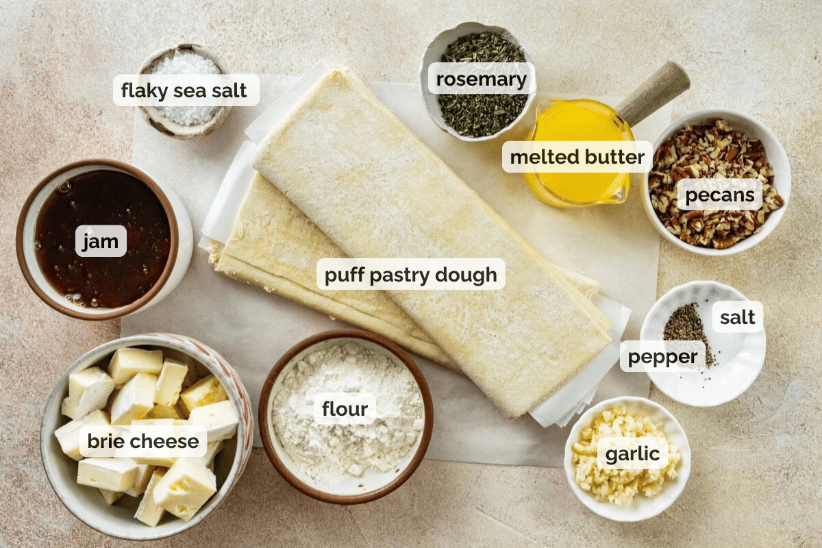 Recipe ingredients for brie bites holiday appetizer recipe.