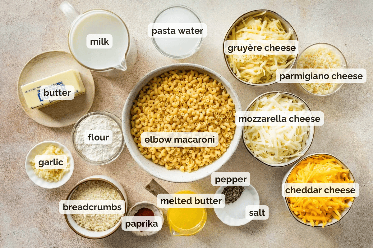 Recipe ingredients for creamy baked mac and cheese recipe.