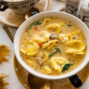 white bowl with creamy sausage tortellini ready to eat.