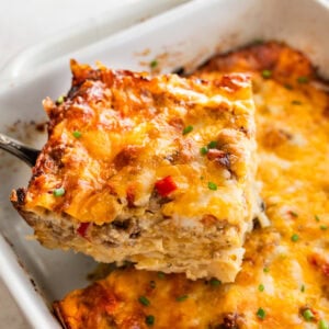 spatula lifting a square from the hashbrown breakfast casserole.