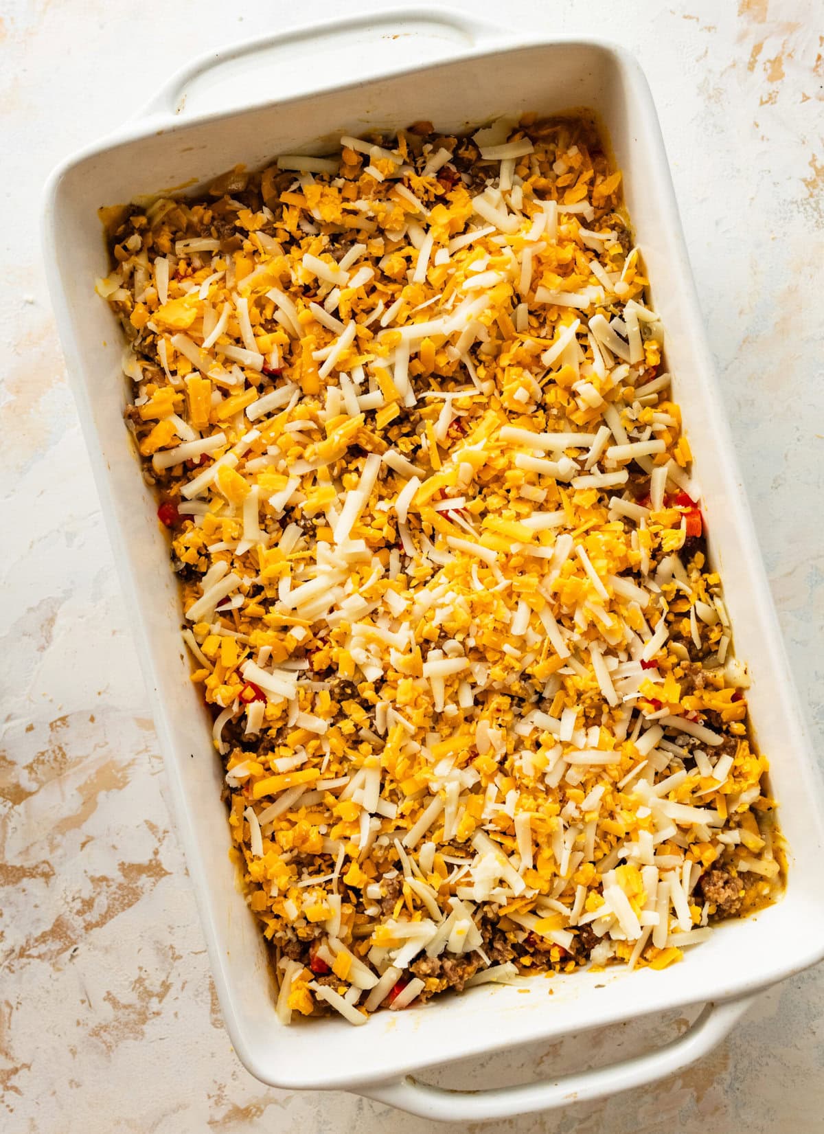 hashbrown breakfast casserole ready to bake.