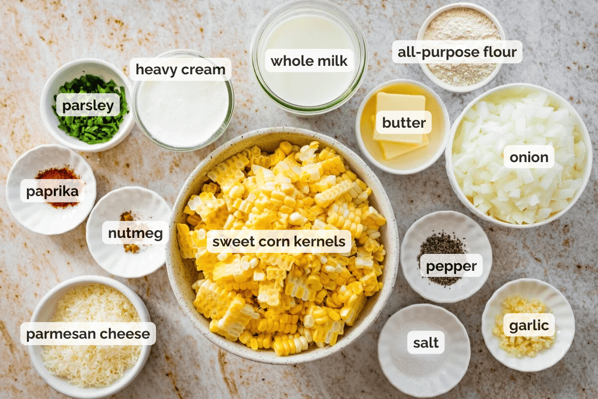 Recipe ingredients for homemade creamed corn recipe.