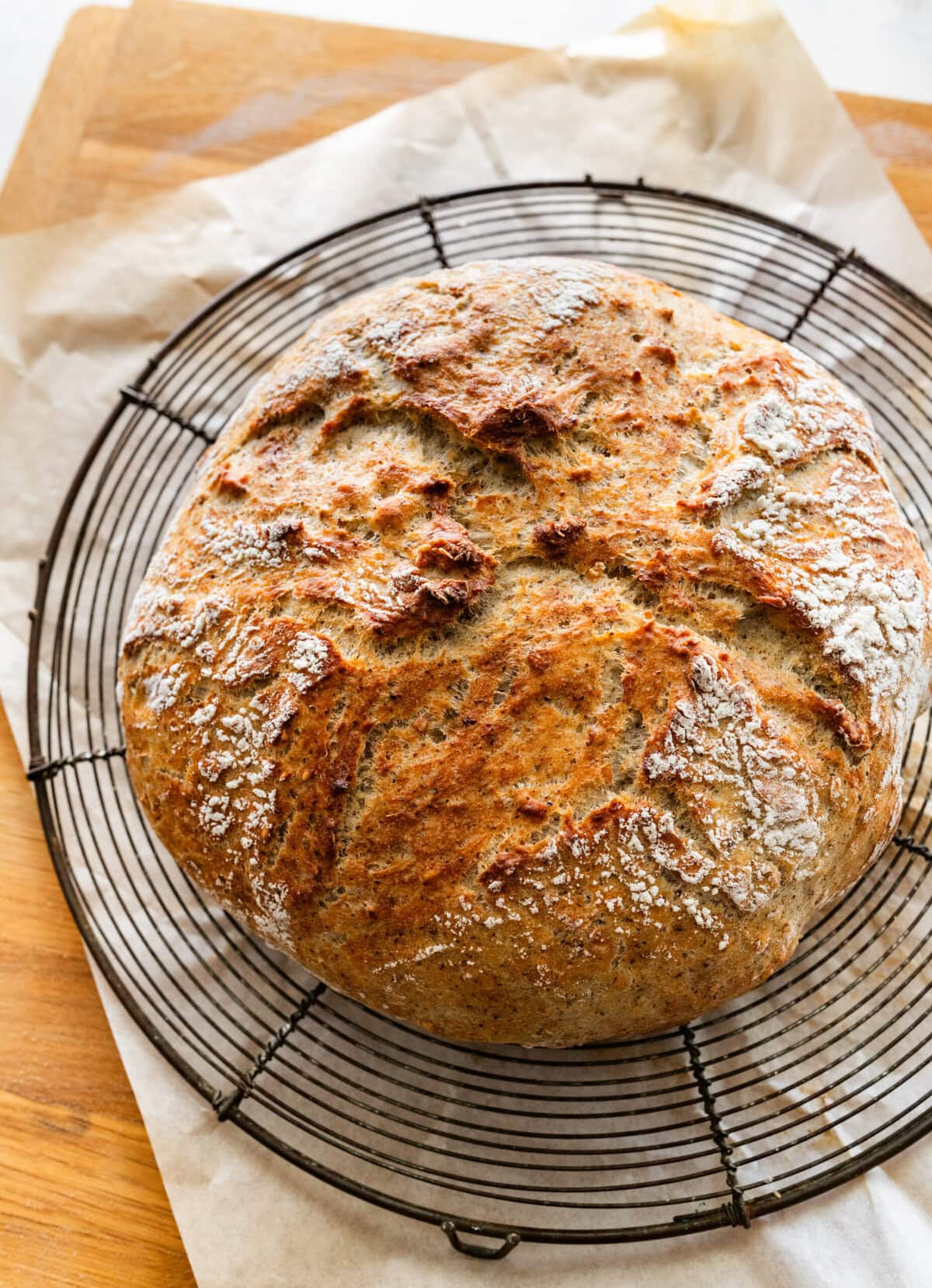Italian bread cooling on a wire rack. 