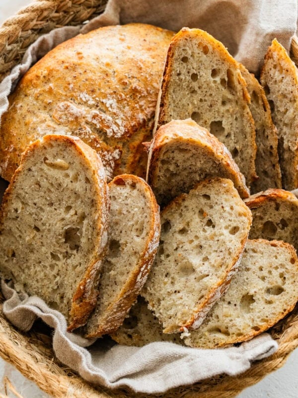 A basket of crusty Italian bread recipe made without any kneading.