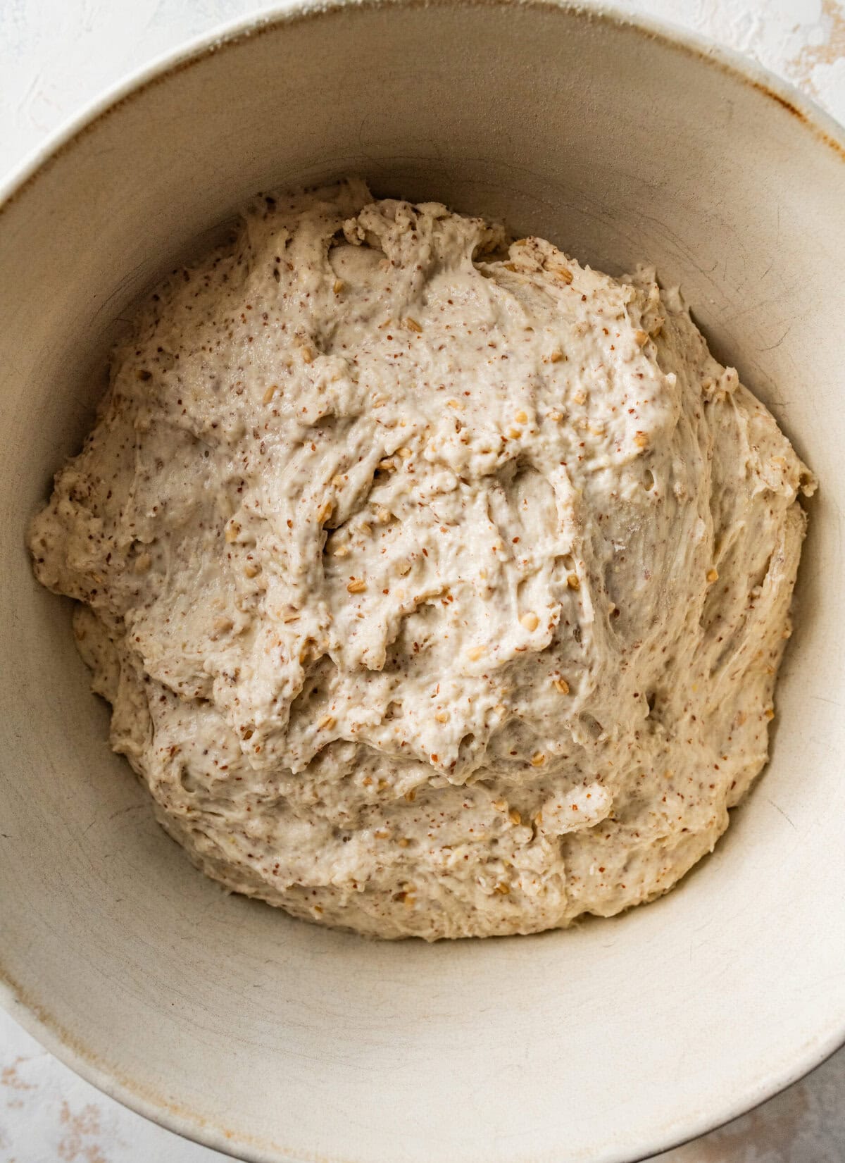 Italian crusty bread Dough after mixed in the bowl ready to rise. 