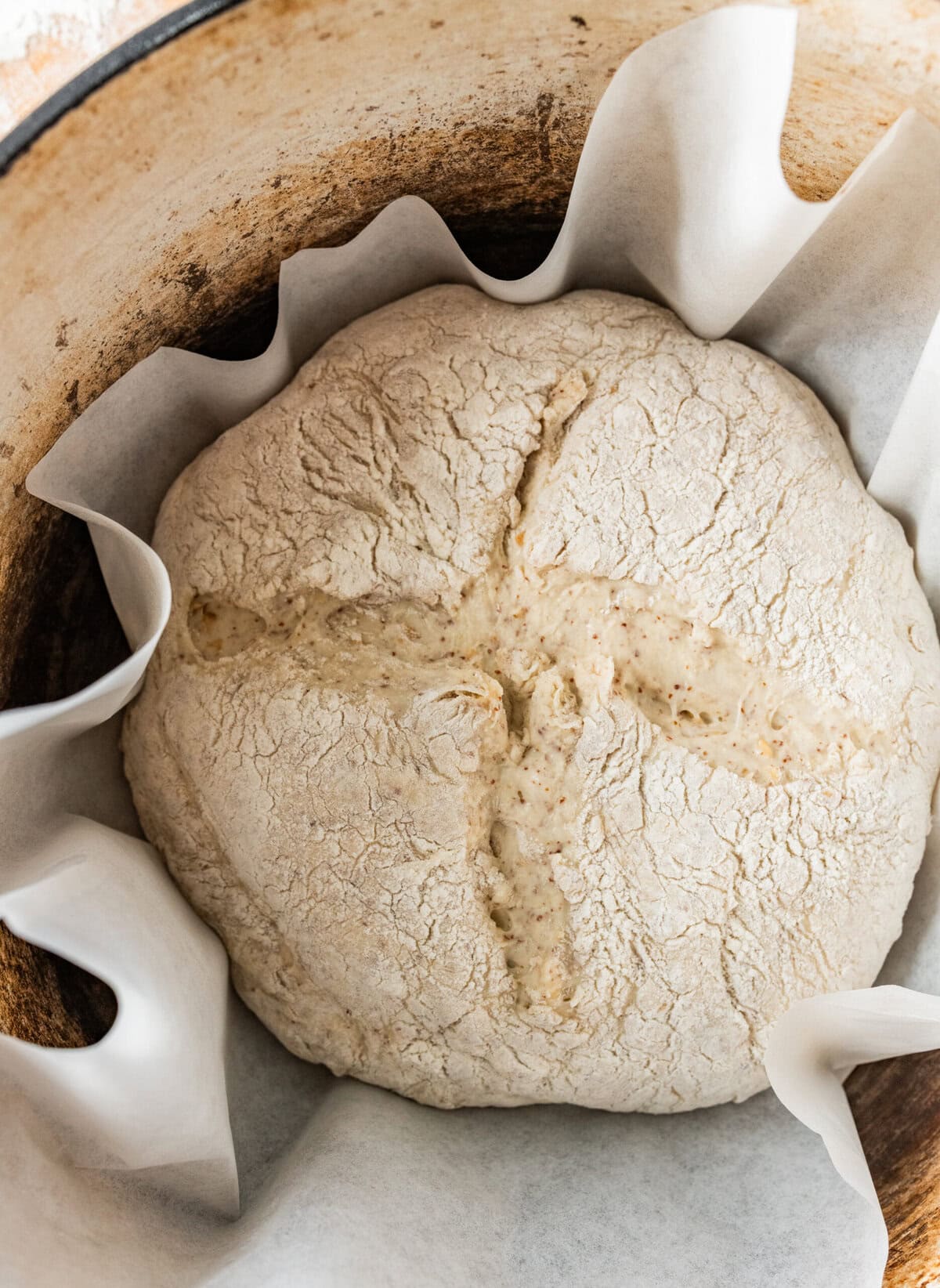Bread loaf added to the preheated Dutch oven. 
