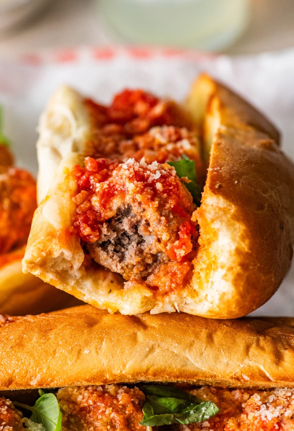 Italian meatball sub with a bite taken out of it. Yum.