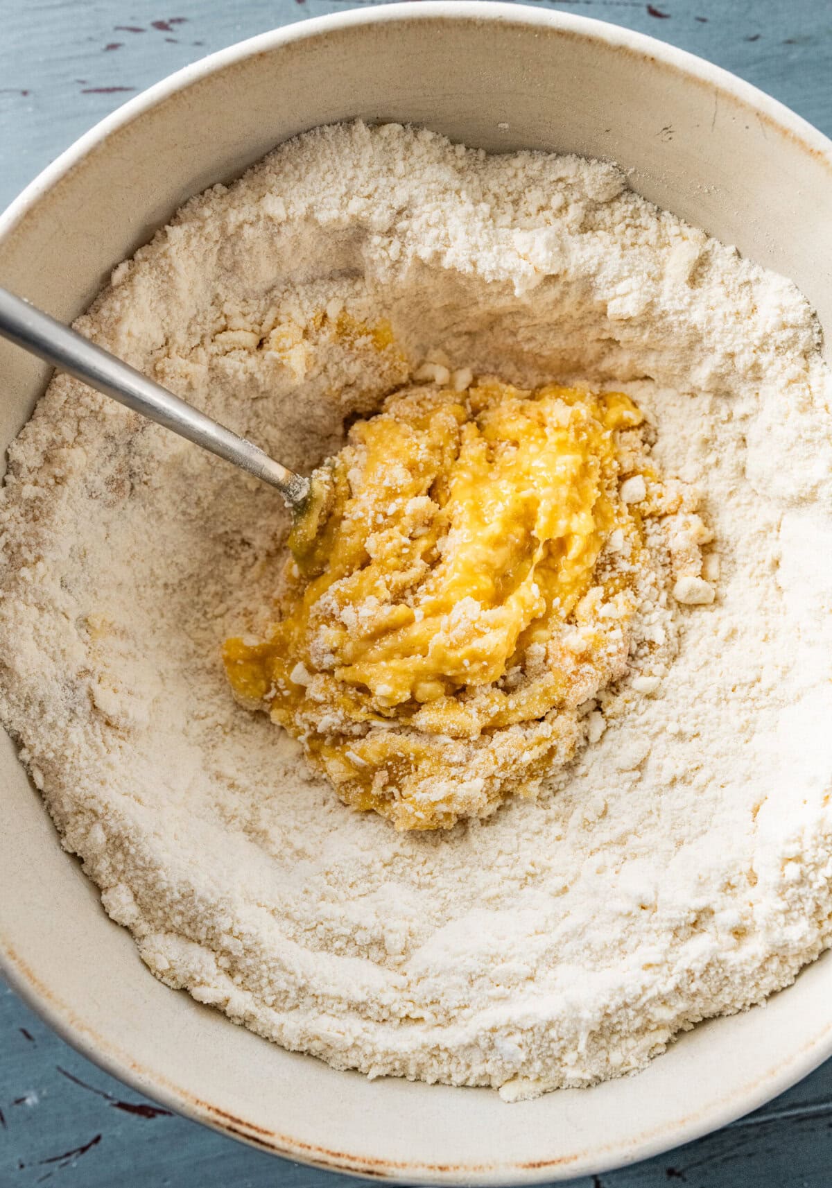 mix eggs into the butter and flour mixture.