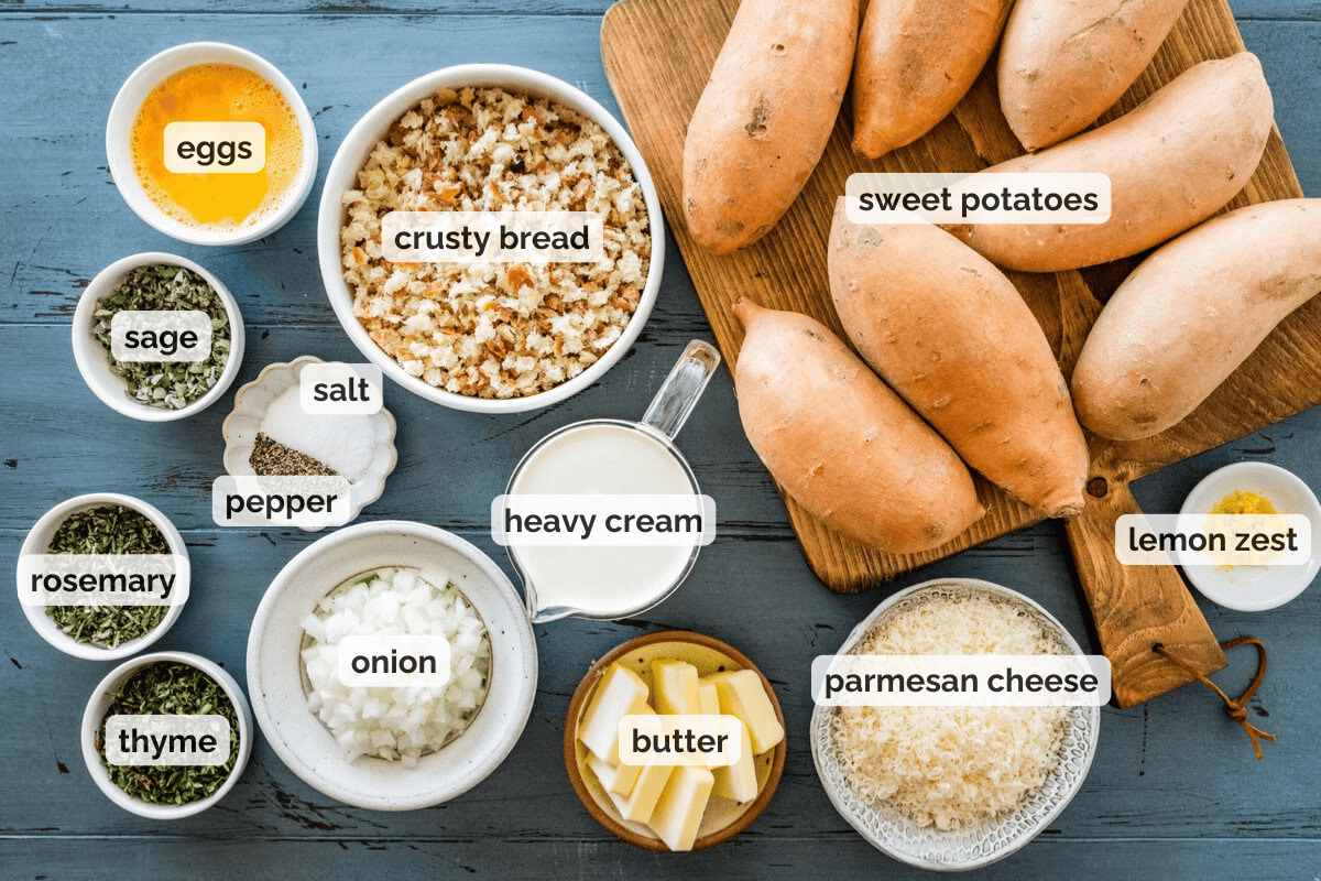 Recipe ingredients for savory sweet potato casserole recipe.