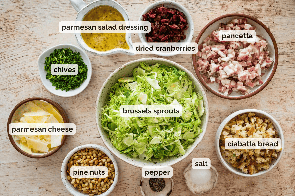 Recipe ingredients for shaved brussels sprouts salad recipe.