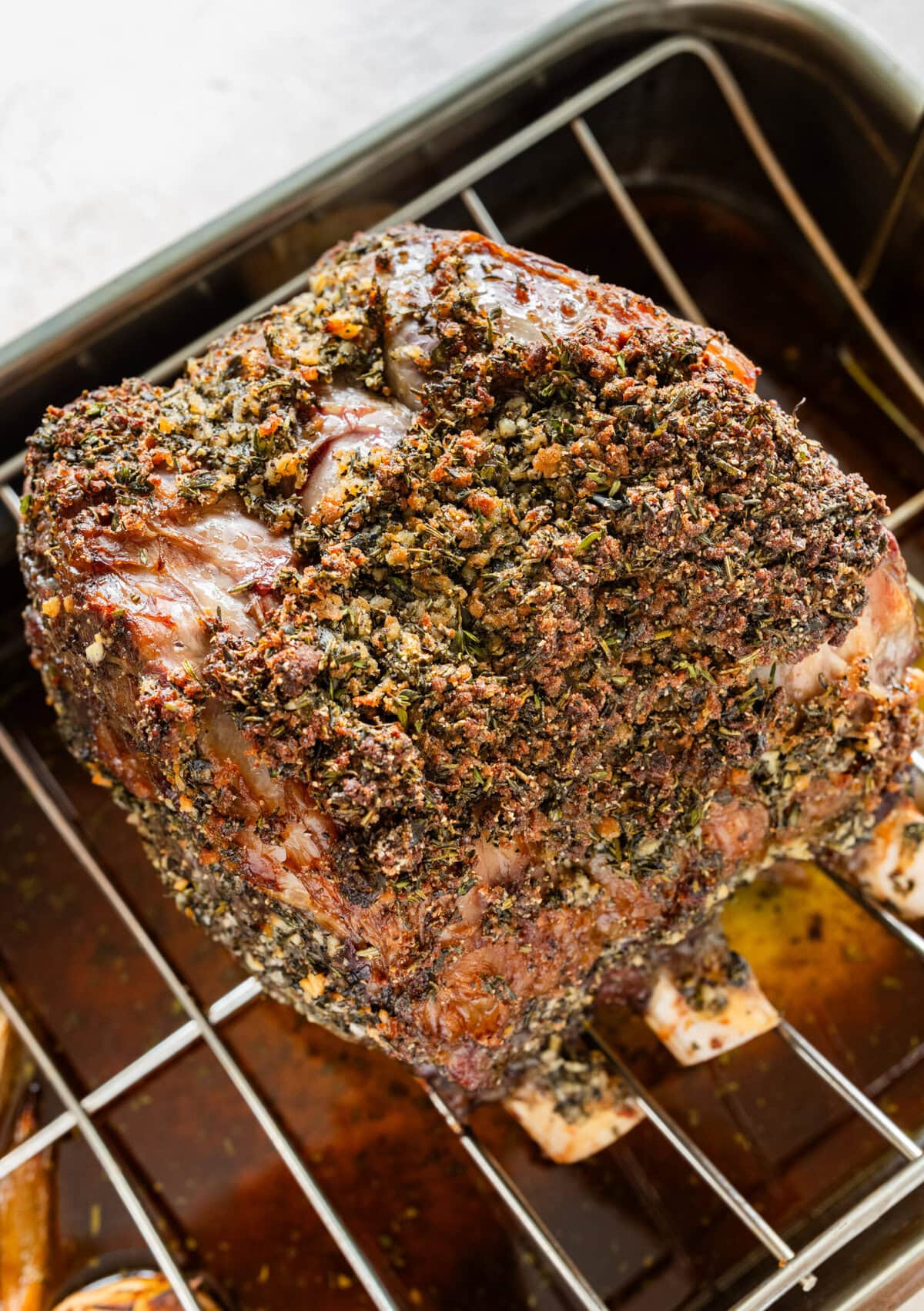 standing prime rib roast in the roasting pan after roasting.