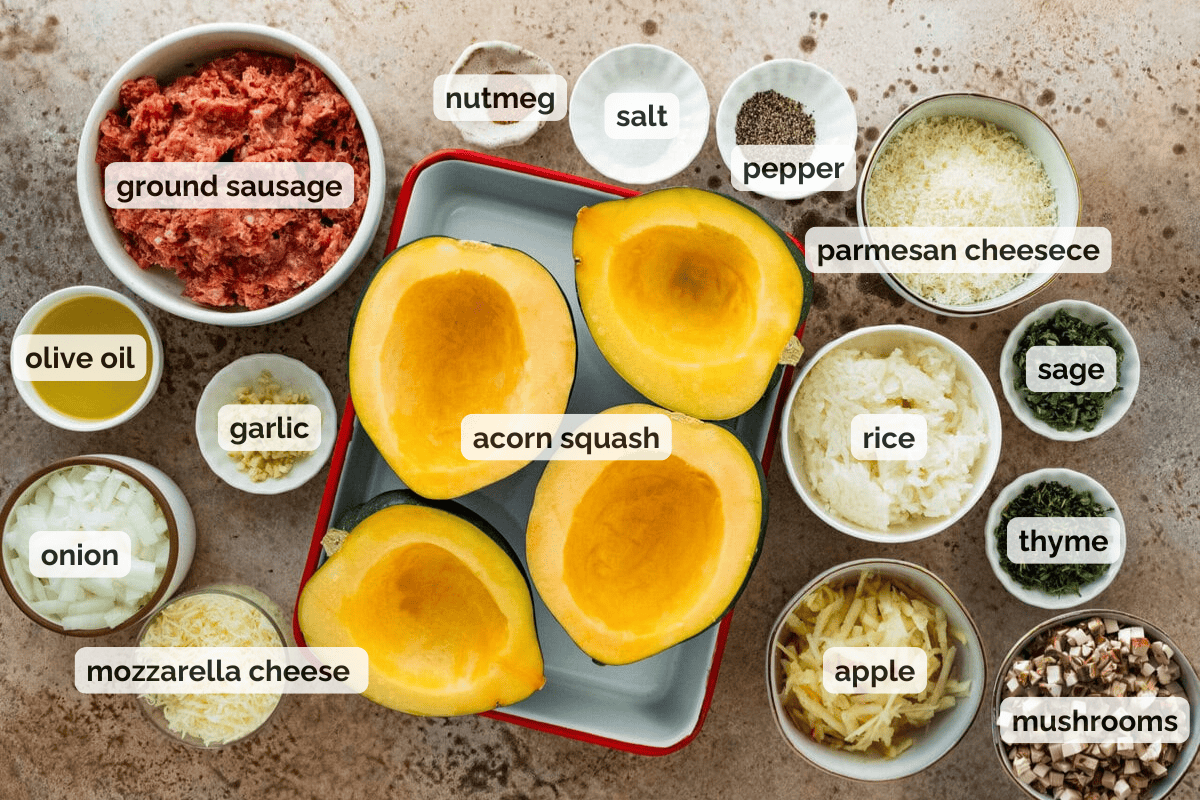 Recipe ingredients for stuffed acorn squash recipe.