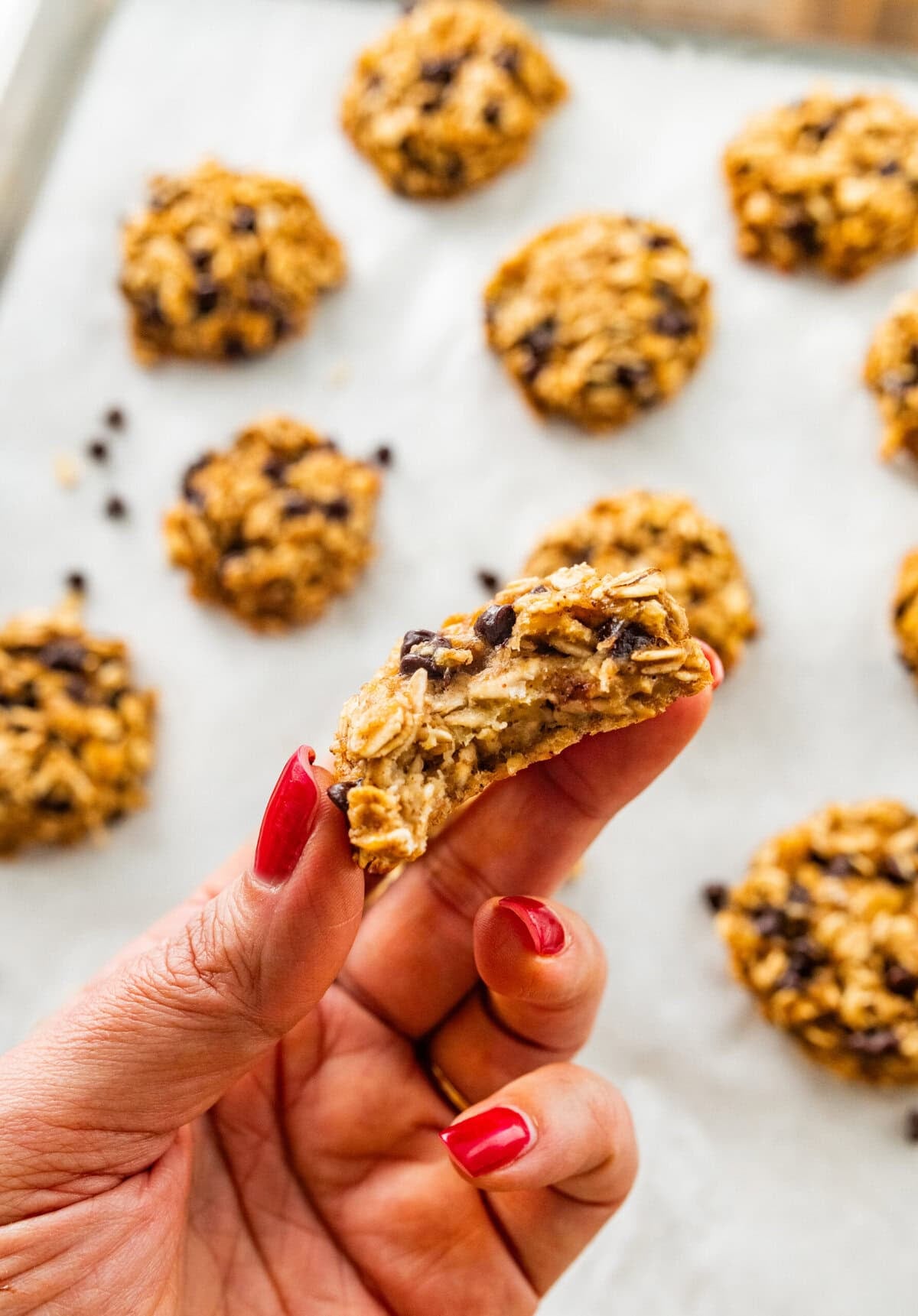 hand holding cookie with a bite taken out of it.