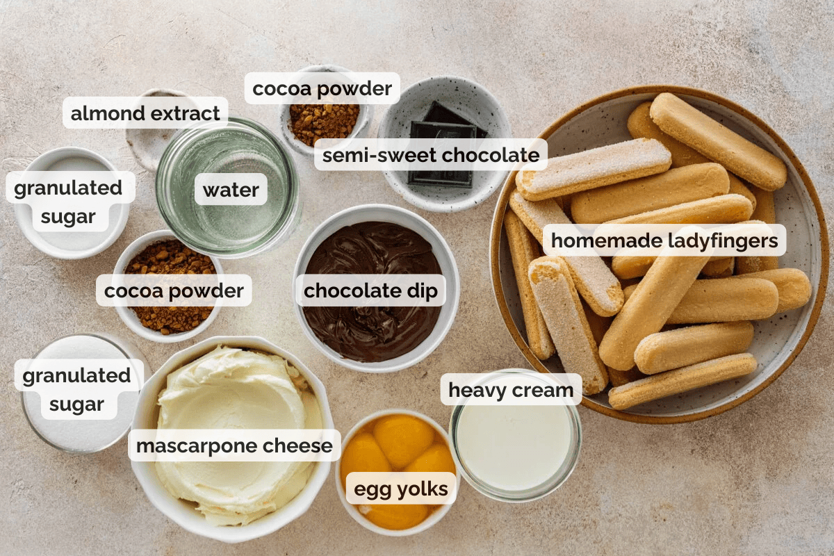 Recipe ingredients for chocolate tiramisu recipe.