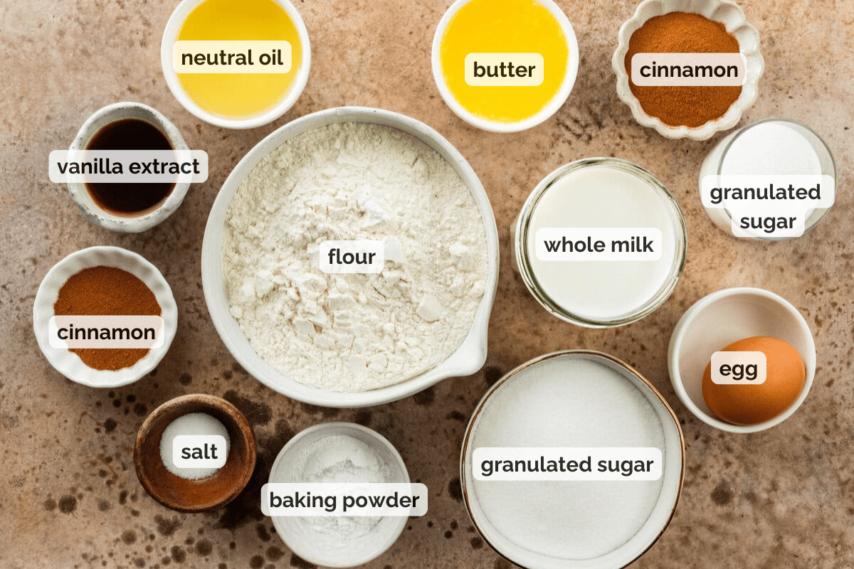 Recipe ingredients for cinnamon swirl bread recipe.