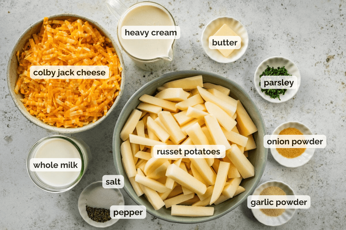 Recipe ingredients for easy cheesy potatoes recipe.
