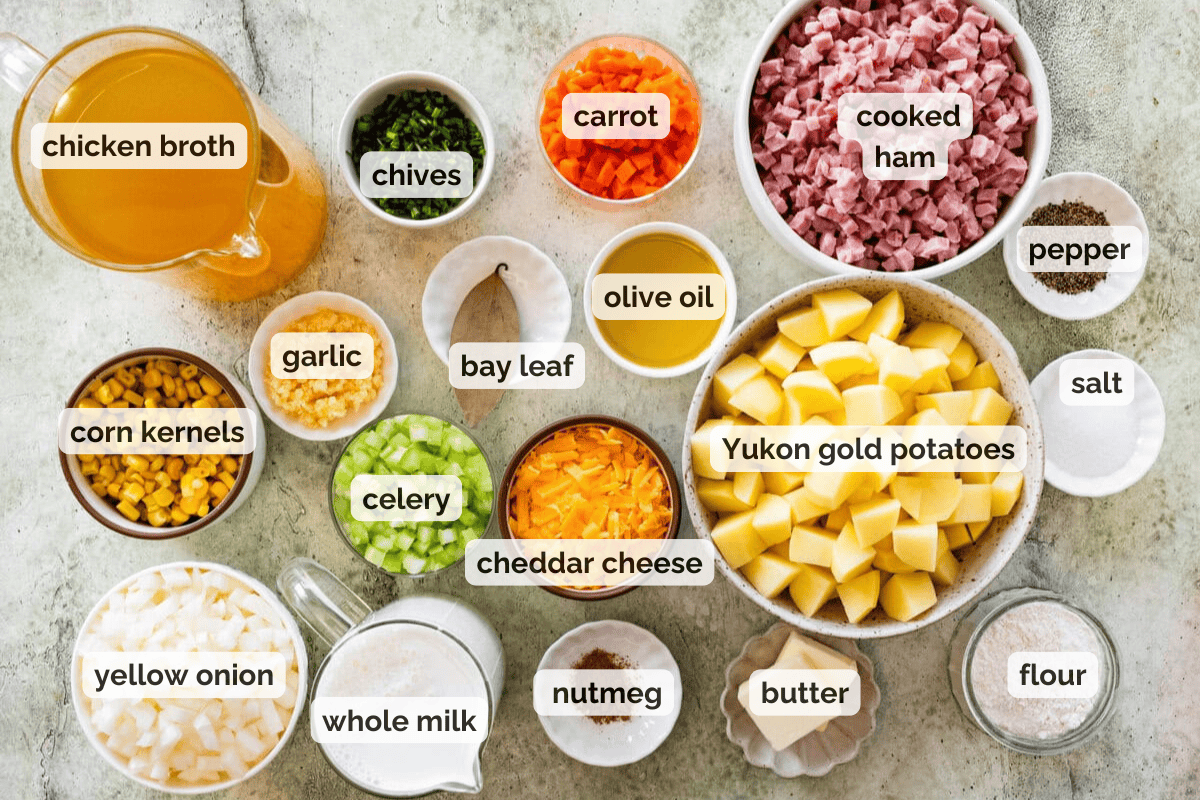 Recipe ingredients for ham and potato soup recipe.