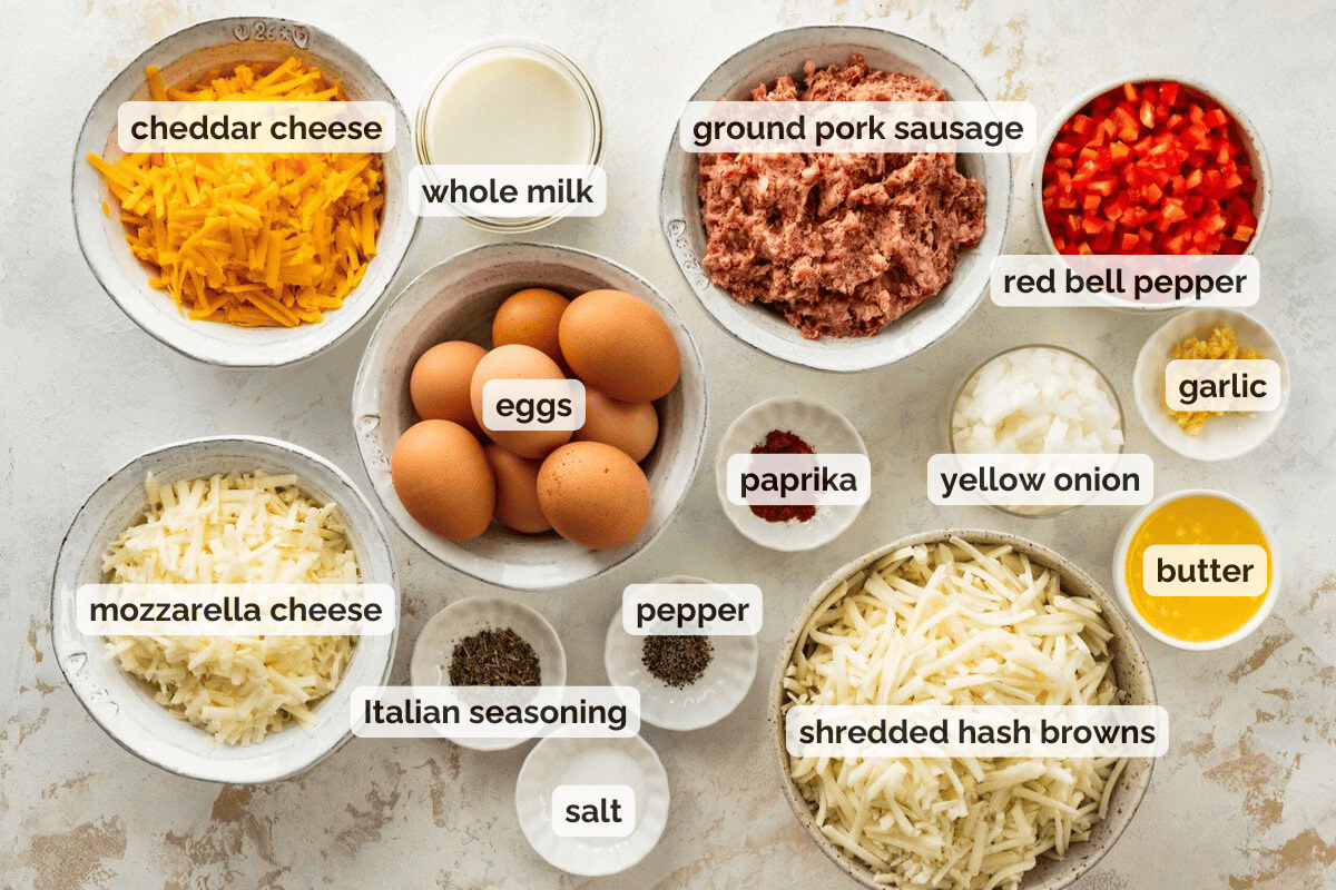 Recipe ingredients for Hashbrown breakfast casserole recipe.