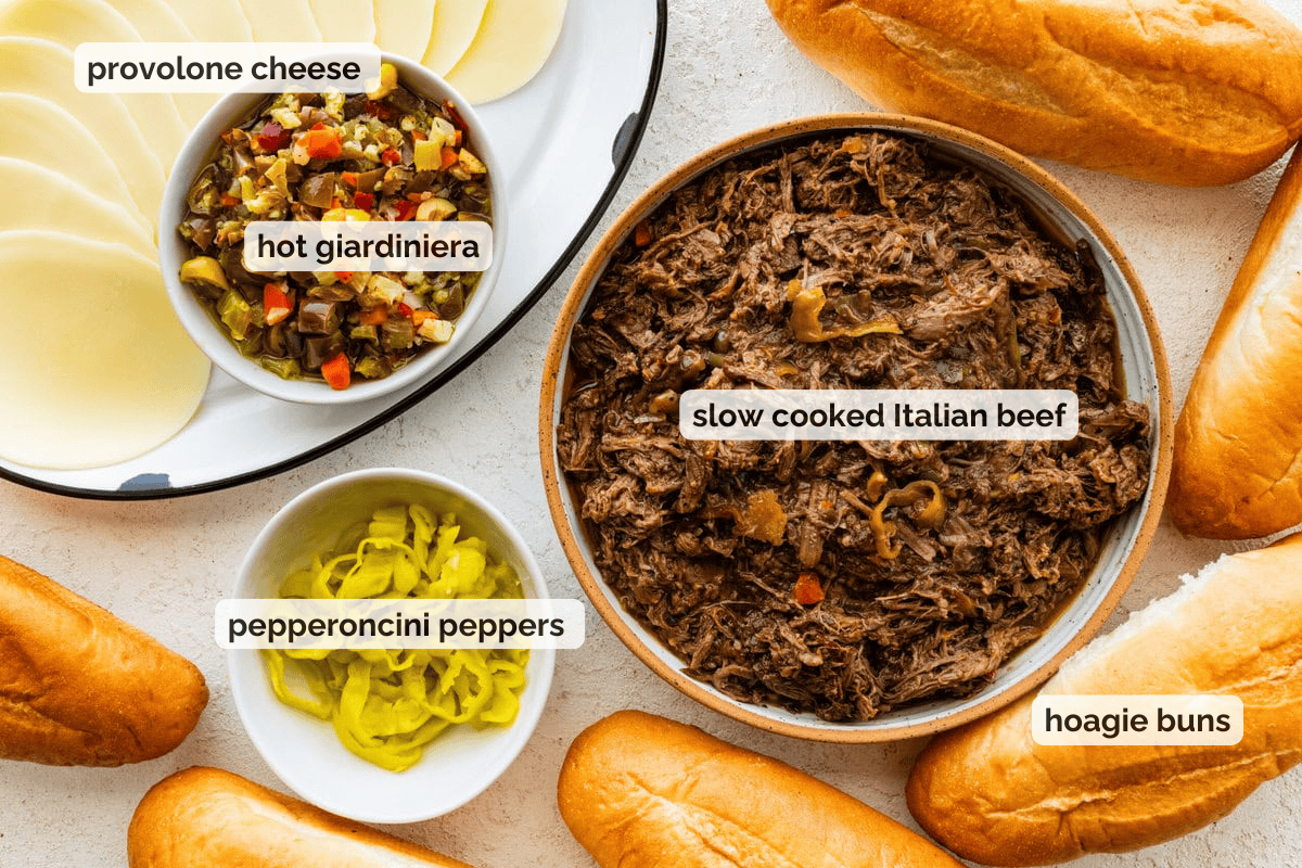 Recipe ingredients for Italian beef slow cooker recipe.