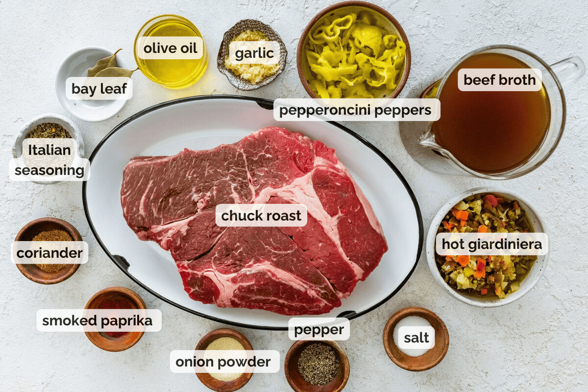 Recipe ingredients for Italian beef slow cooker recipe.