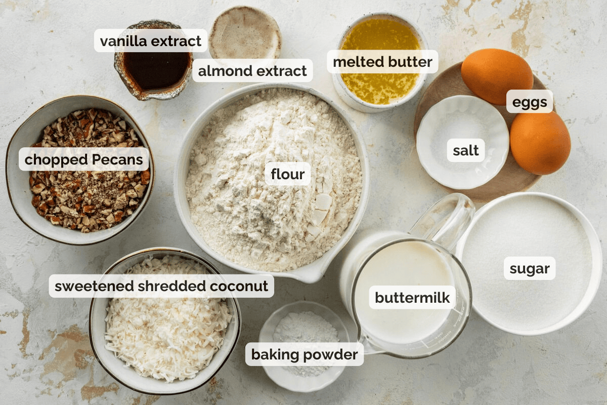 Recipe ingredients for Italian cream cake recipe.