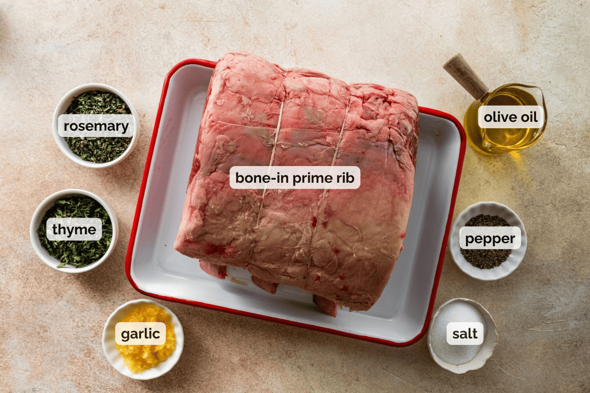 Recipe ingredients for standing rib roast recipe.