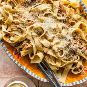 parmigiano cheese on top of white ragu pasta in a large Italian style serving platter.