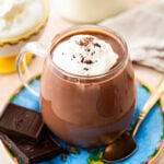 glass mug of hot chocolate with whipped cream and shaved chocolate.