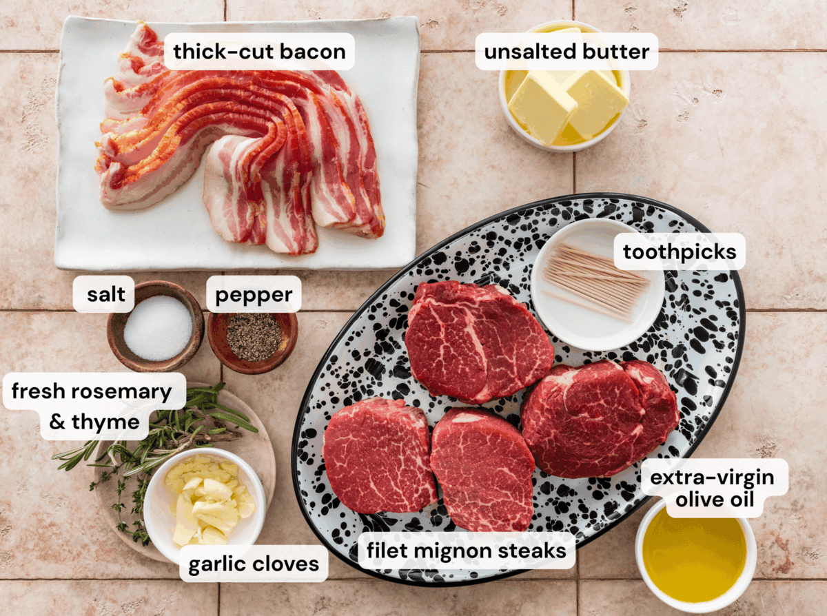 ingredients to make bacon wrapped filet mignon, separated on their own plates.