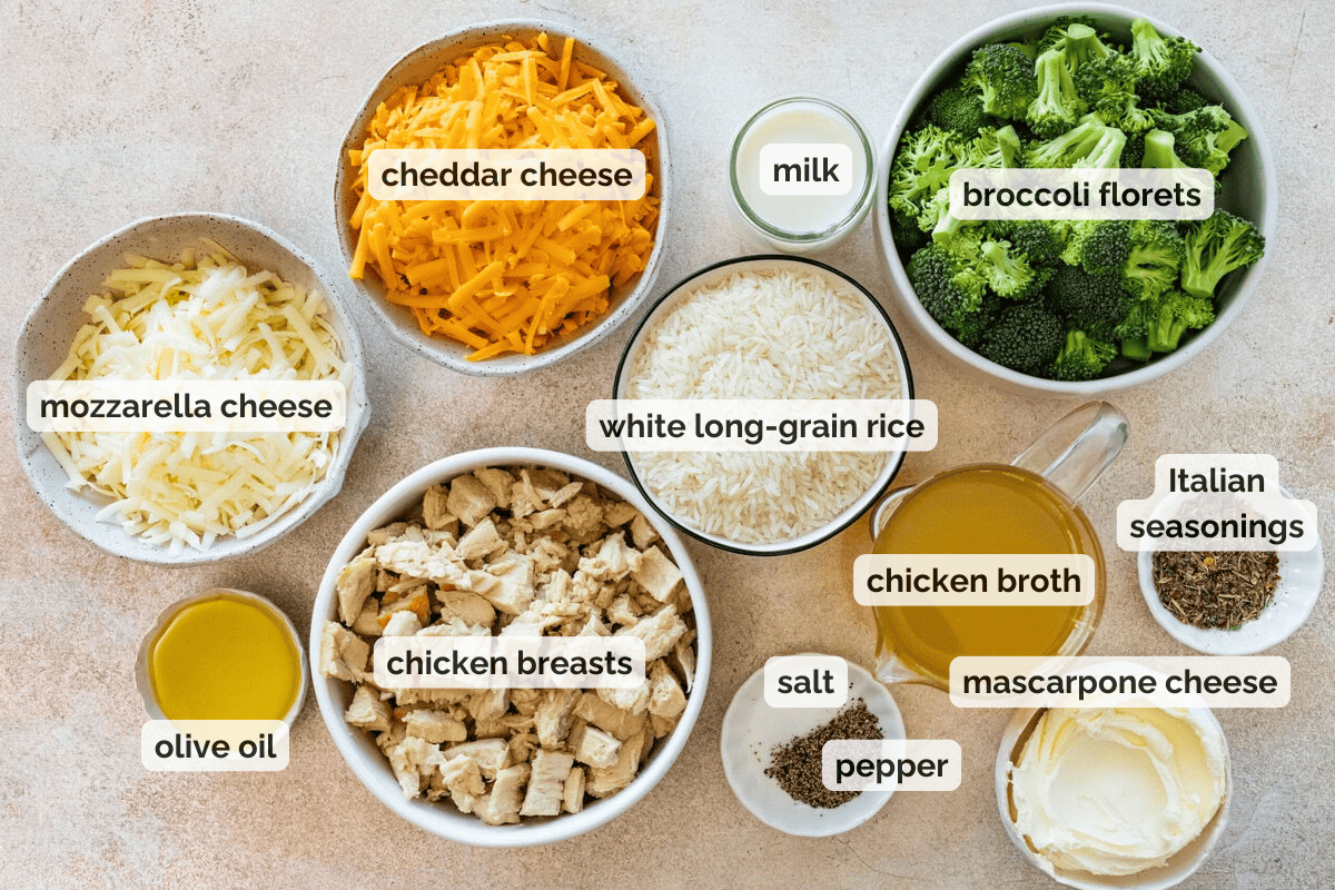 Recipe ingredients for chicken broccoli and rice casserole recipe.