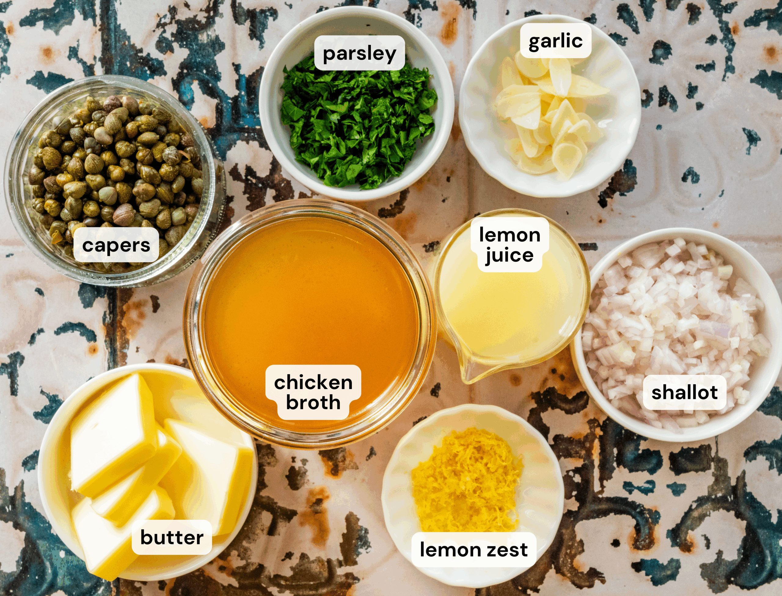 Ingredients to make chicken piccata meatball sauce.