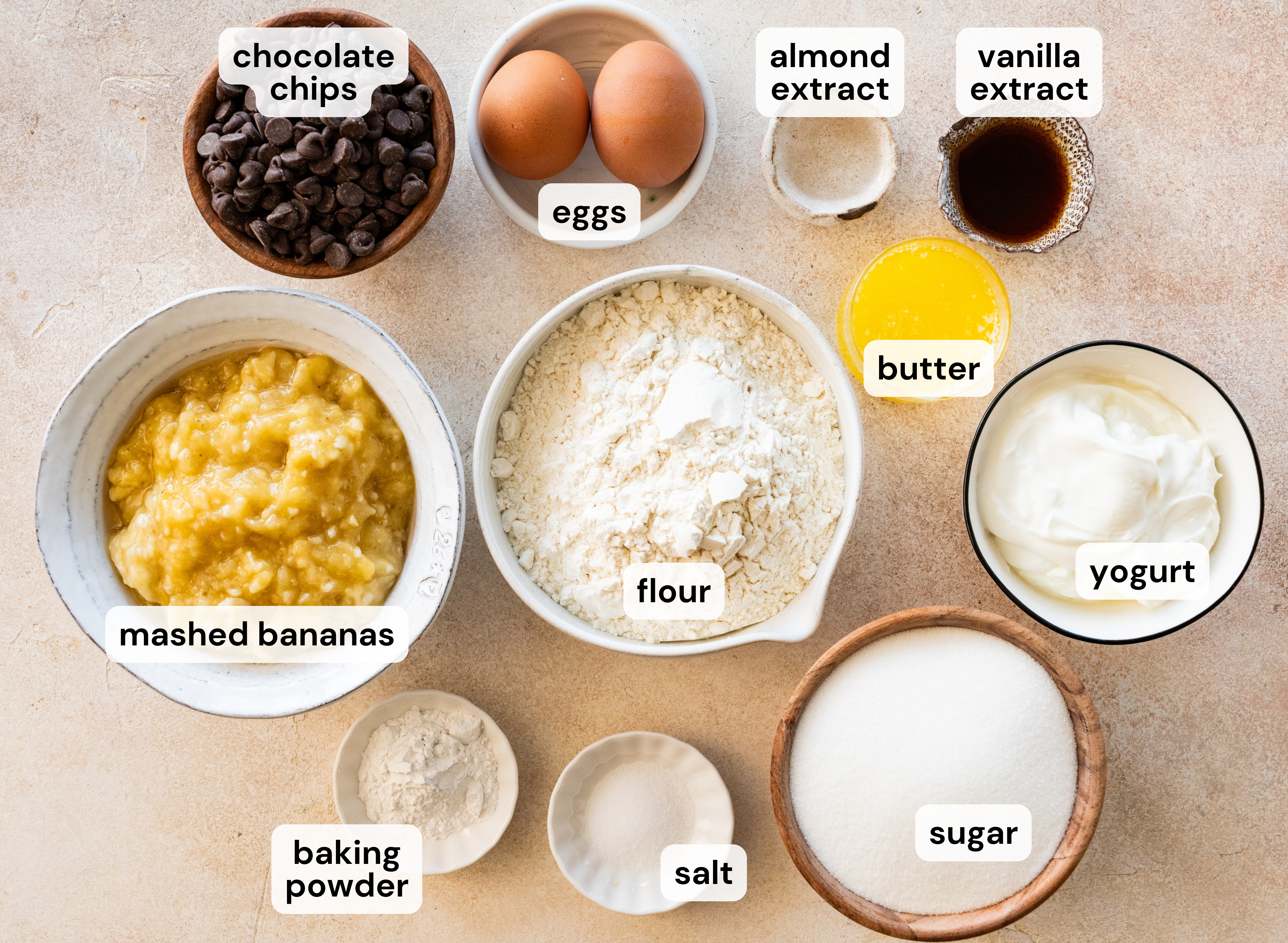 Ingredients to make chocolate chip banana bread.