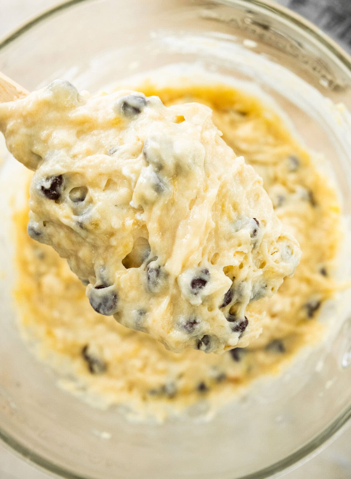 Chocolate chip banana bread mixture after fully combined.